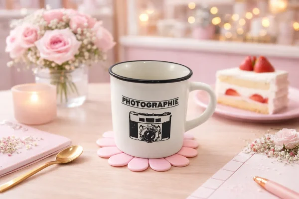 ماگ سفید دسته دار سفید رنگ سایز متوسط با طرح دوربین عکاسی و نوشته photographie مناسب هدیه دادن