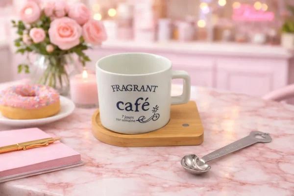 ماگ به همراه زیر لیوانی چوبی café