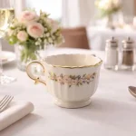 فنجان متوسط دسته دار لبه طلایی طرح گل کار دست و مناسب نوشیدنی گرم